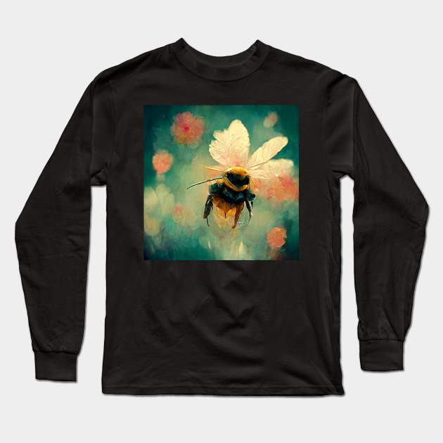 Honey bee close up flying around in the garden on beautiful wings. Long Sleeve T-Shirt by Liana Campbell